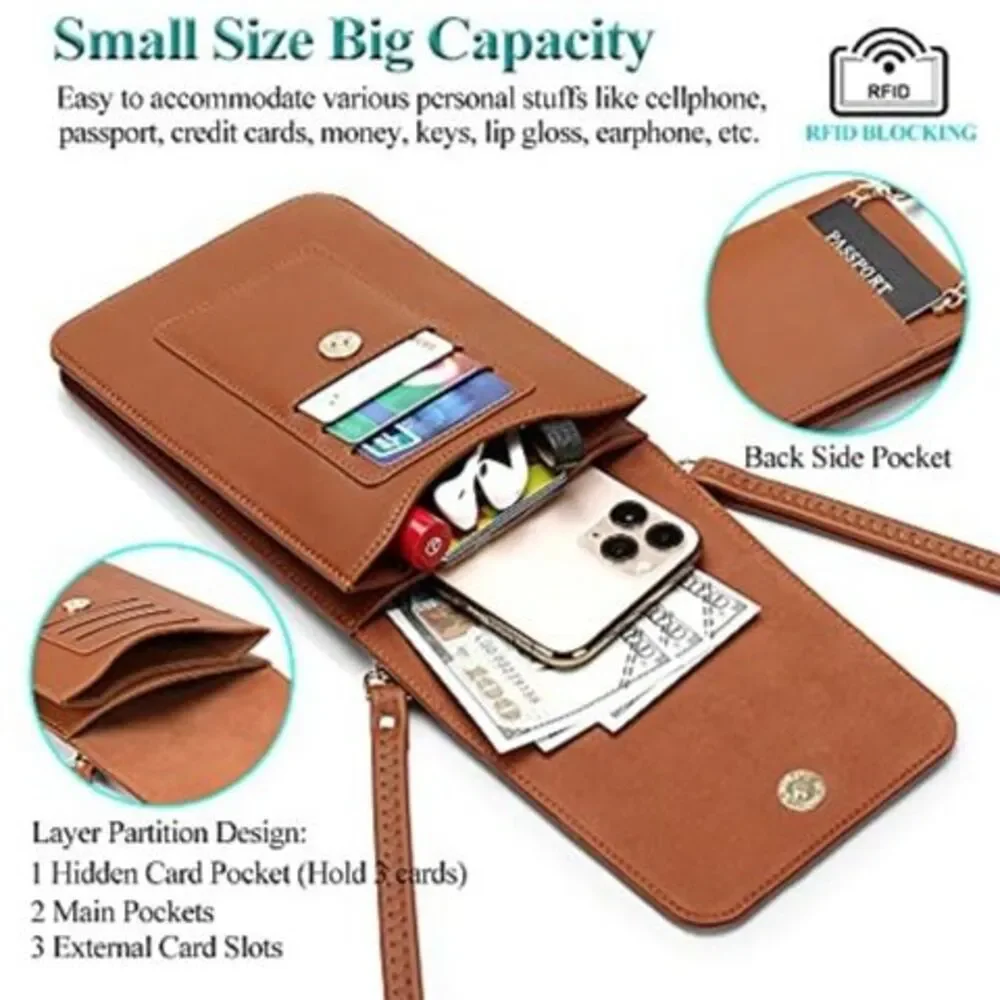 Women's Vegan Leather Carmel Brown Cell Phone Crossbody Bag With RIFD Protection - Picture 3 of 6